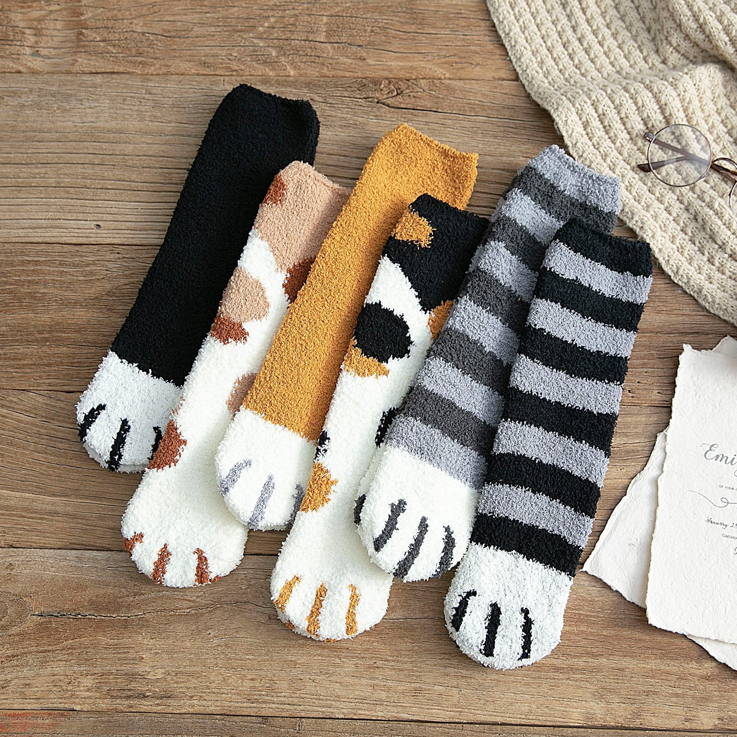 Autumn and winter plus velvet thick warm women's socks cartoon cute cat claws coral velvet sleep socks home floor socks