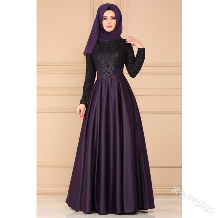 Factory direct supply European and American lace stitching retro big swing skirt Muslim ethnic style long-sleeved slim dress 1025