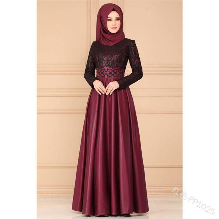 Factory direct supply European and American lace stitching retro big swing skirt Muslim ethnic style long-sleeved slim dress 1025