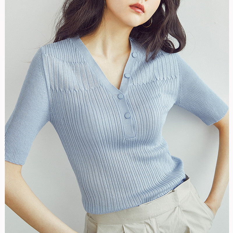 Knit short-sleeved female summer thin model 2021 new V-neck repair Korean counters sweater tip T-shirt
