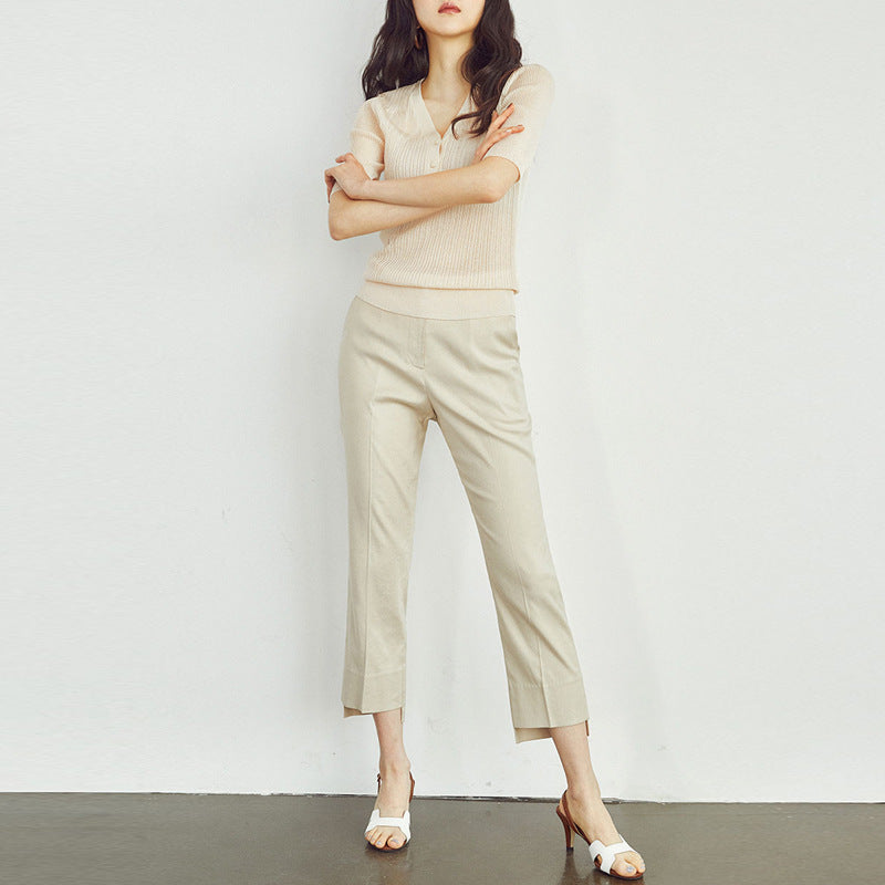 Knit short-sleeved female summer thin model 2021 new V-neck repair Korean counters sweater tip T-shirt