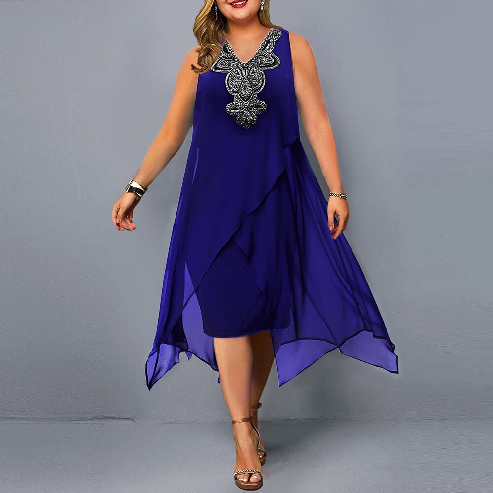 Plus Size Dresses Women Elegant Embroidery Evening Party Dress 2022 New Summer Blue Mesh Sleeveless Casual Dress Club Outfits