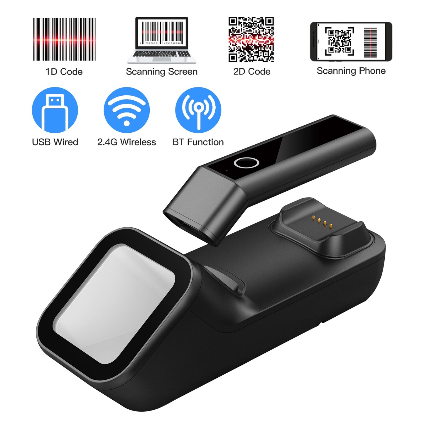 3-in-1 Barcode Scanner Handheld 1D/2D/QR Bar Code Reader BT & 2.4G Wireless & USB Wired Connection with Charging Scanning