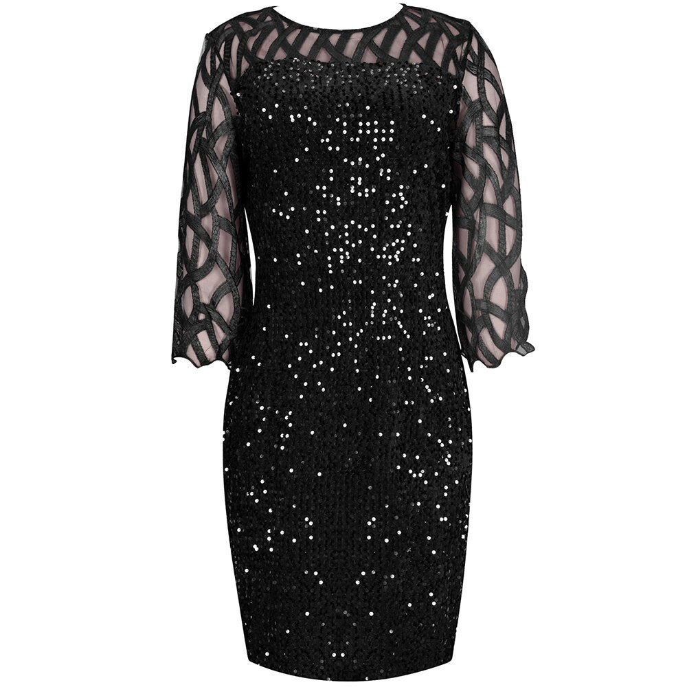 Plus Size Dresses Elegant Sequin Slim Party Dress for Women 2022 Summer Mesh Short Sleeve Midi Evening Club Dress Casual Outfits