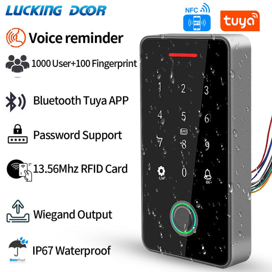 NFC Bluetooth Tuya APP Backlight Touch 13.56Mhz RFID Card Access Control Keypad Door Lock Opener WG Output  IP66 Watreproof