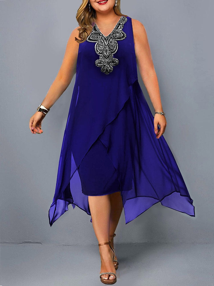 Plus Size Dresses Women Elegant Embroidery Evening Party Dress 2022 New Summer Blue Mesh Sleeveless Casual Dress Club Outfits
