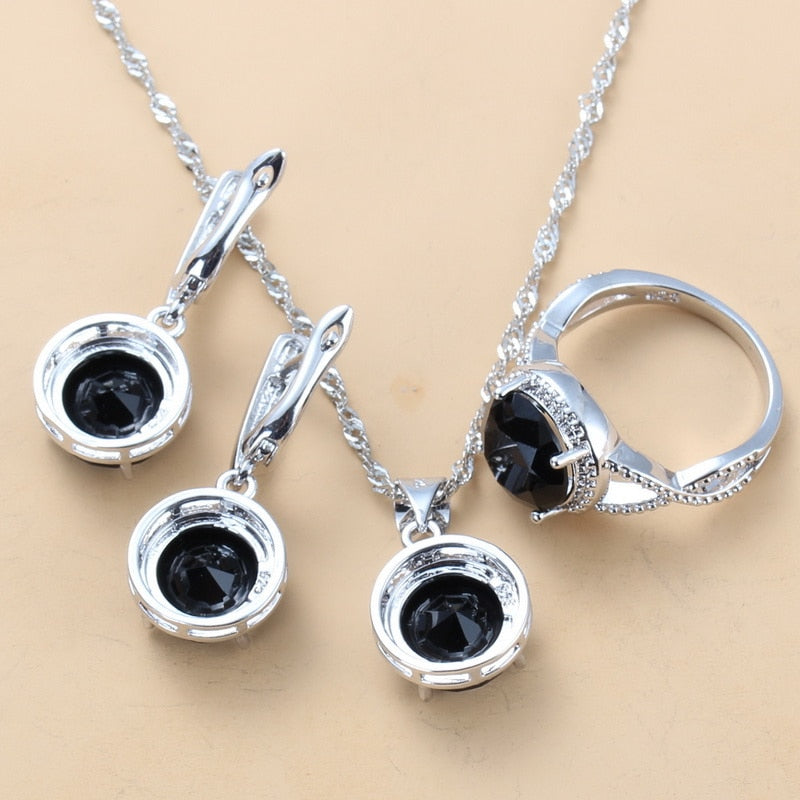 2022 Sell Well Wedding 925 Mark Jewelry Sets Black Zircon Dangle Earrings And Necklace Ring 3 Piece Set women Trendy Costume