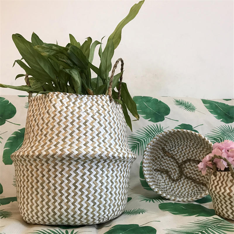 Foldable Handmade Seagrass Flower Pot Storage  Wicker Basket Rattan Straw Home Garden Wave Pattern Planter pots Laundry Basket