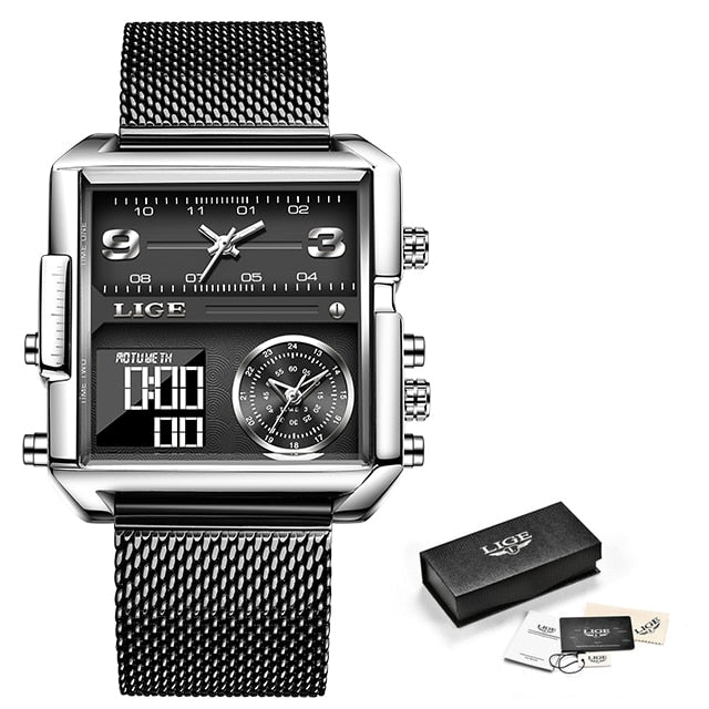 2022 LIGE Digital Watches Mens Top Luxury Brand Waterproof Square Wrist Watch Men Quartz Military Sports Watch Relogio Masculino
