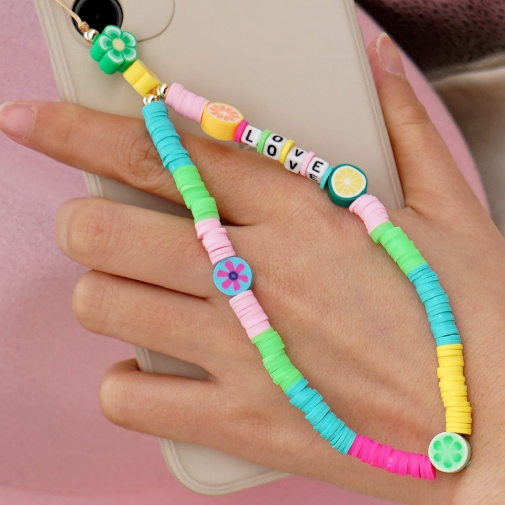 Shinus Heishi Disc Beads Crystal Chain For Phone Mobile Phone Lanyard Smile Cell Phone Chains 2021 LOVE Letter String Wristband