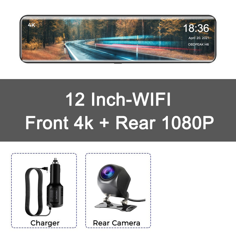 OBDPEAK H6 12" Car DVR 4K 3840*2160P Dash Cam WIFI GPS 415 Rear View Mirror 1080P Car Camera Video Recorder Park Monitor