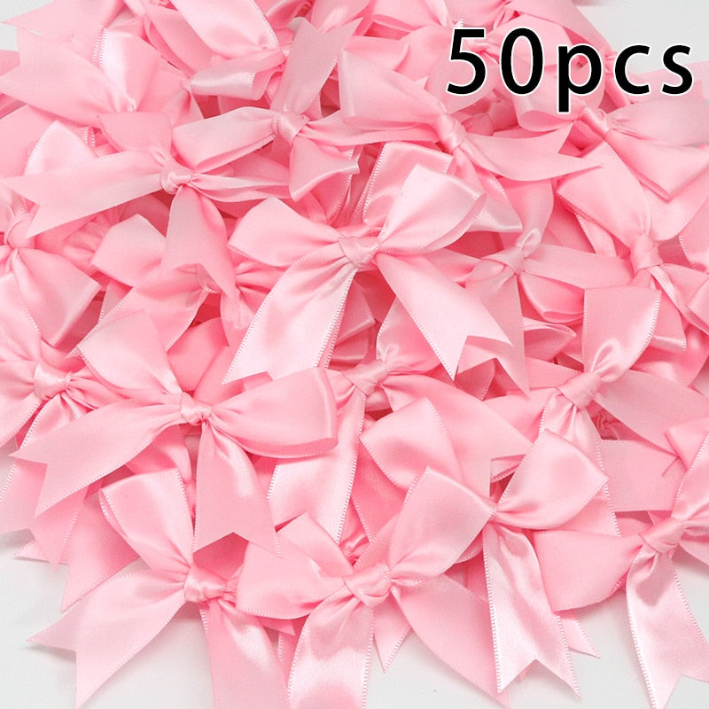 50PCS 85*85mm Pink Satin Ribbon Bows Decoration Packages Gift Small Flower Bows For Craft Wedding Bow Birth DIY Party Decoration