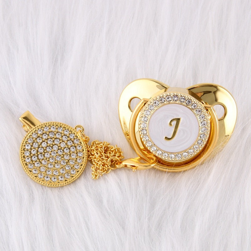 26 Name Initial Letter Baby Pacifier and Pacifier Clips BPA Free Silicone Infant Nipple Gold Bling Newborn Dummy Soother