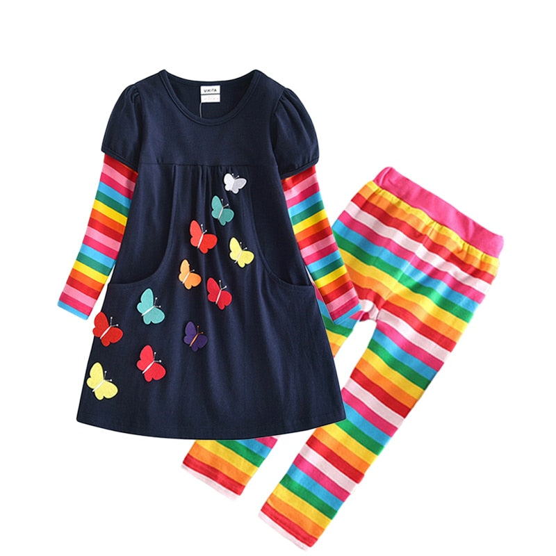 VIKITA Kids Autumn Spring Clothing Sets for Girl Children Butterfly Star Embroidery Cotton Dress and Slim Leggings Girls Outfit
