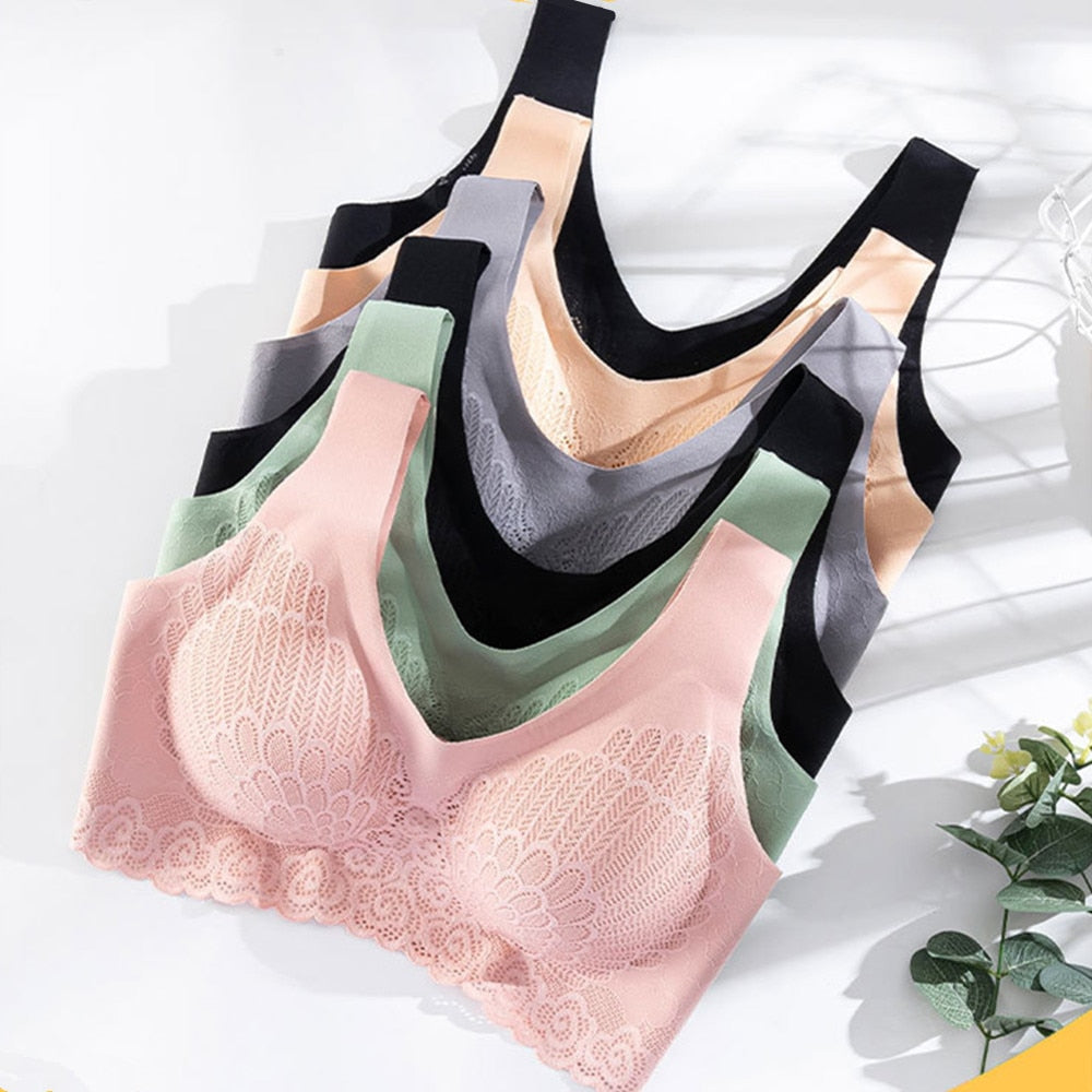 Thin Push Up Vest Bra Women Seamless Underwear Solid Lace Soft Comfortable Sleep Top With Chest Padded Bras For Women M L XL XXL