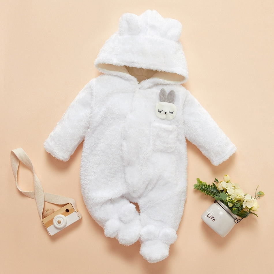 PatPat Baby Girls Clothes Solid Fleece Rabbit Hooded Footed / Long-sleeve Baby Jumpsuit Unisex Baby Winter Clothes for Newborn