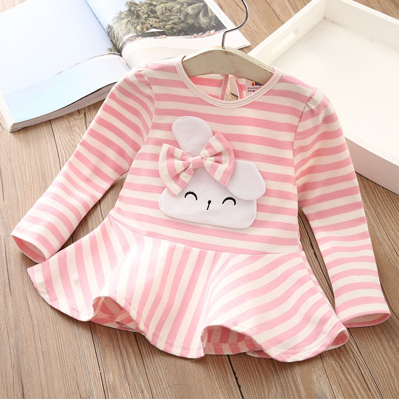 Kids Tops 2022 Fashion Spring Autumn Long Sleeve O-Neck Cute Rabbit Bow Striped Patchwork Baby Tees Little Child Girls T-Shirts