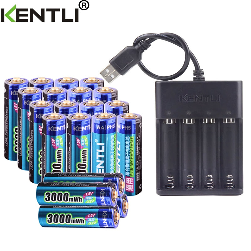 KENTLI  1.5V 3000mWh lithium li-ion AA  aa rechargeable battery +4 Channel polymer lithium li-ion battery batteries charger