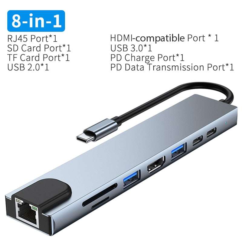 USB C Hub Type C To HDMI-Compatible RJ45 5 6 8 11 Ports Dock with PD TF SD AUX Usb Hub 3 0 Splitter For MacBook Air Pro PC HUB