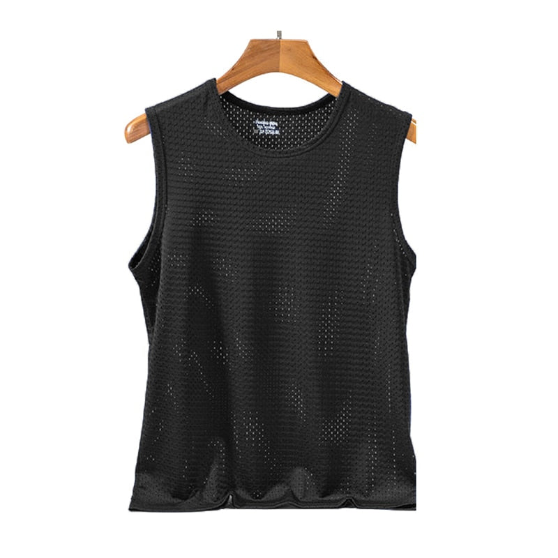 Men Tops Ice Silk Vest Outer Wear Quick-Drying Mesh Hole Breathable Sleeveless T Shirts 2021 Summer Cool Vest Beach Travel Tanks