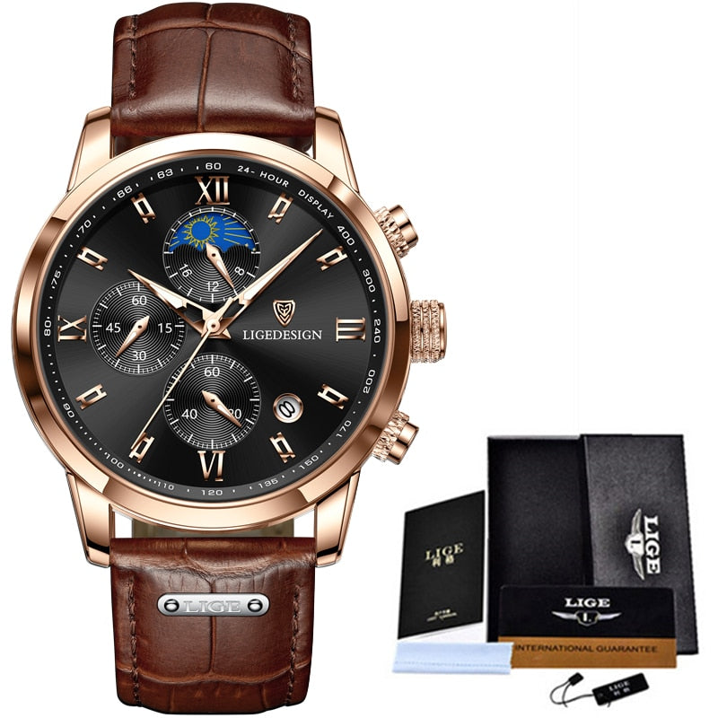 LIGE Business Mens Watches Brand Luxury Leather Waterproof Sport Quartz Chronograph Military Watch Men Clock Relogio Masculino