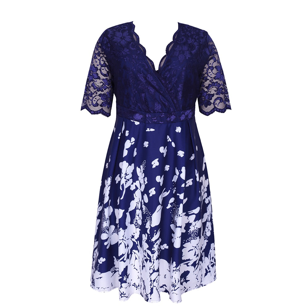Floral Printed Plus Size Dress 2022 Summer Blue Lace Patchwork Elegant Dress for Party Club Women Short Sleeve Casual Midi Dress