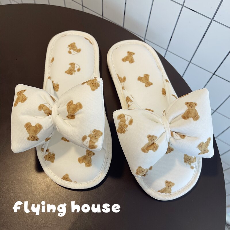 Cartoon Women Bowknot Slippers Spring Autumn Plush Slippers Comfortable Home Slippers Soft Women Indoor Slippers Non-slip Shoes