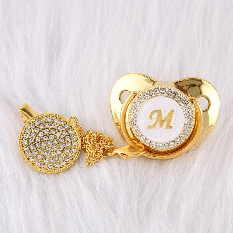 26 Name Initial Letter Baby Pacifier and Pacifier Clips BPA Free Silicone Infant Nipple Gold Bling Newborn Dummy Soother