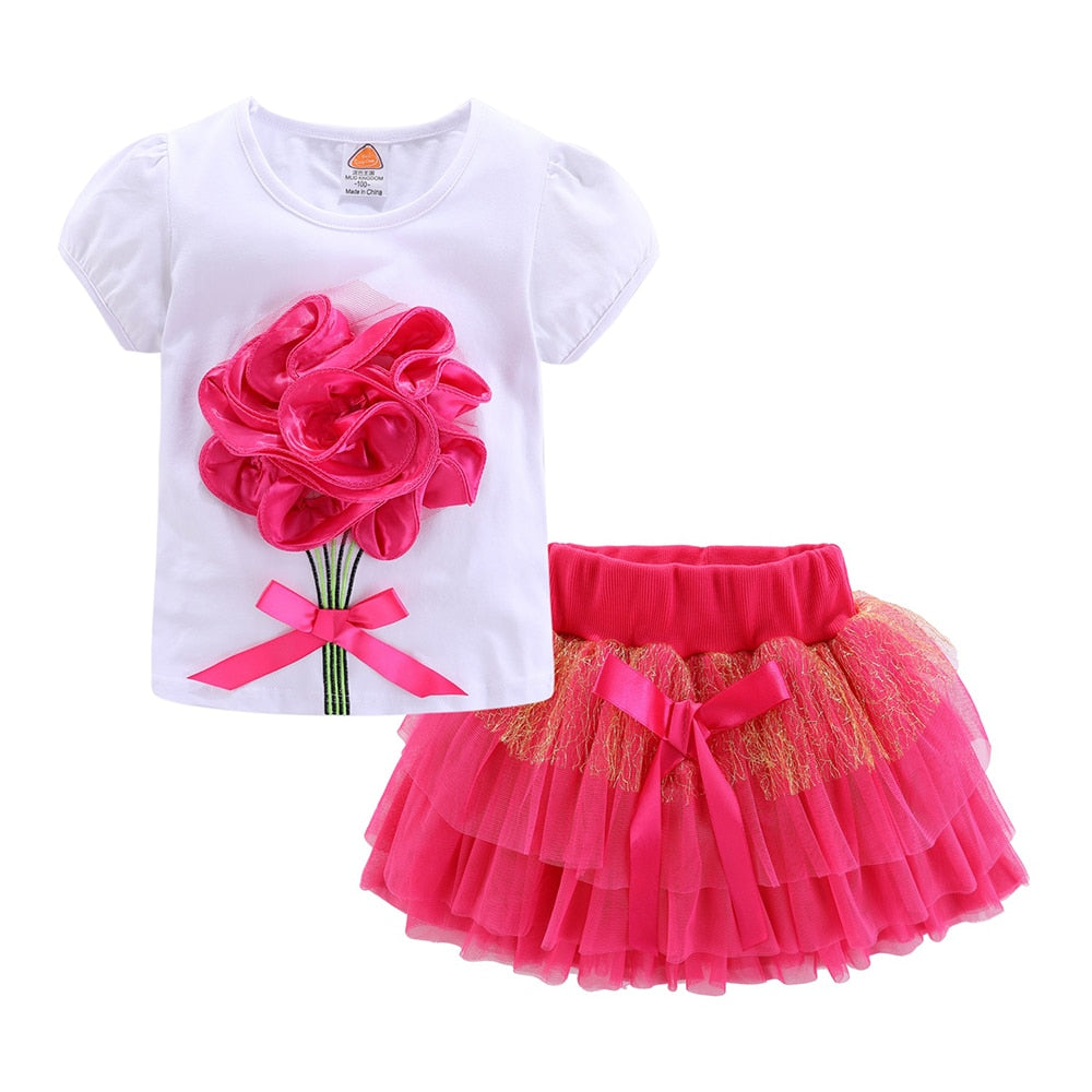 Mudkingdom Cute Girls Outfits Boutique 3D Flower Lace Bow Tulle Tutu Skirt Sets for Toddler Girl Clothes Suit Summer Costumes