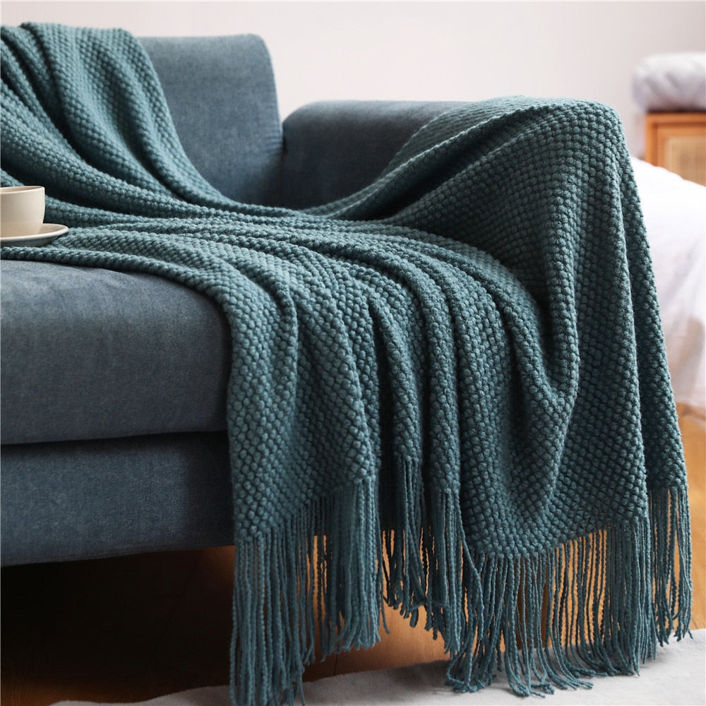 Textile City Home Decorative Thickened Knitted Blanket Corn Grain Waffle Embossed Winter Warm Tassels Throw Bedspread 130x240cm