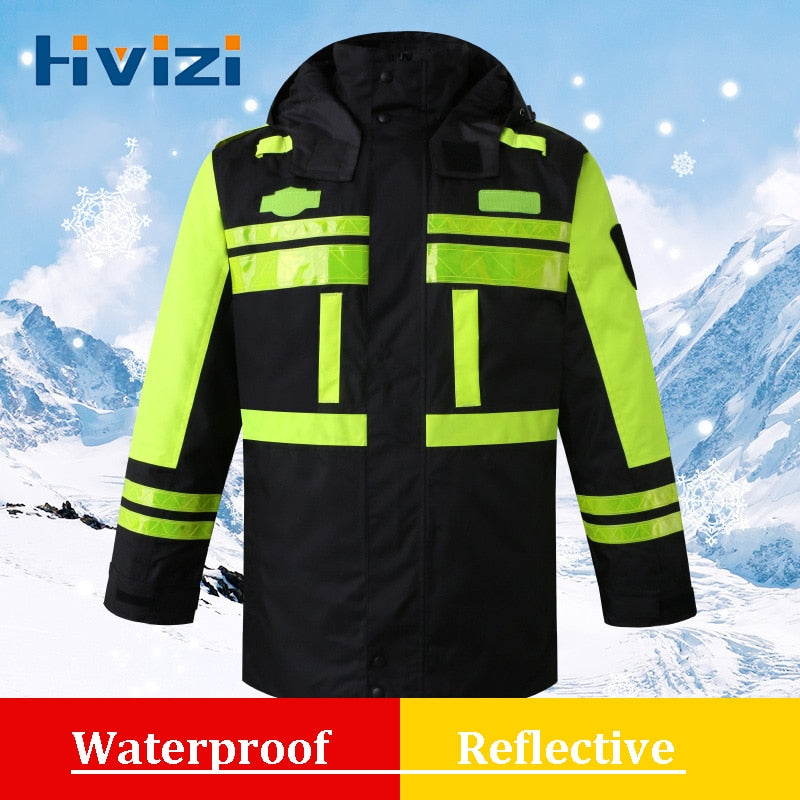 Reflective Work Clothing Fluorescent Safety Coat Raincoat With Hood Jacket Waterproof Winter Warm Outdoor Man Women Uniforms