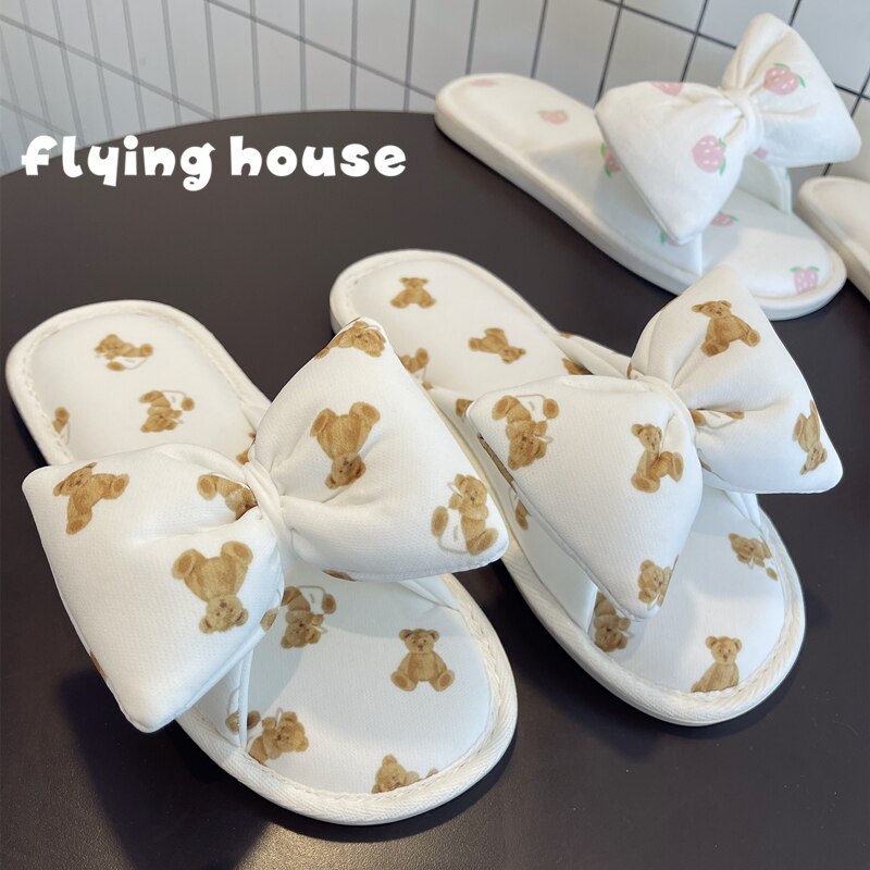 Cartoon Women Bowknot Slippers Spring Autumn Plush Slippers Comfortable Home Slippers Soft Women Indoor Slippers Non-slip Shoes