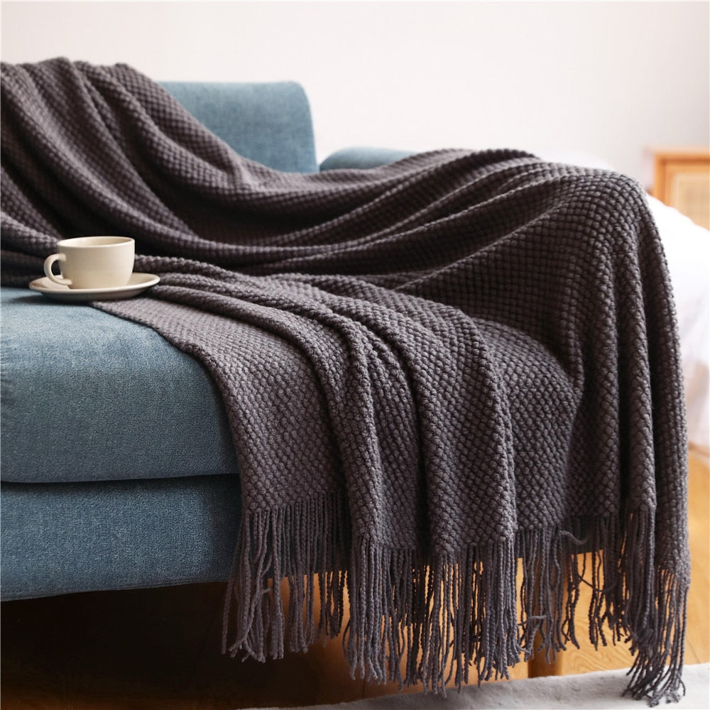 Textile City Home Decorative Thickened Knitted Blanket Corn Grain Waffle Embossed Winter Warm Tassels Throw Bedspread 130x240cm