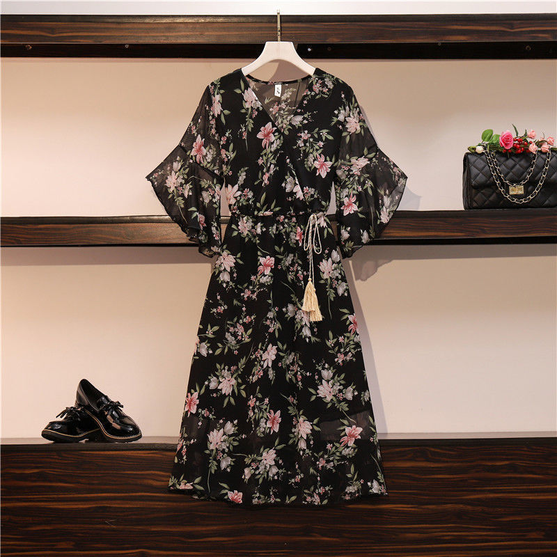 Casual Elegant Floral Loose Black Chiffon Women's Dresses Korean Midi Tunics Summer Light Dress Aesthetic Fashion Vintage Thin
