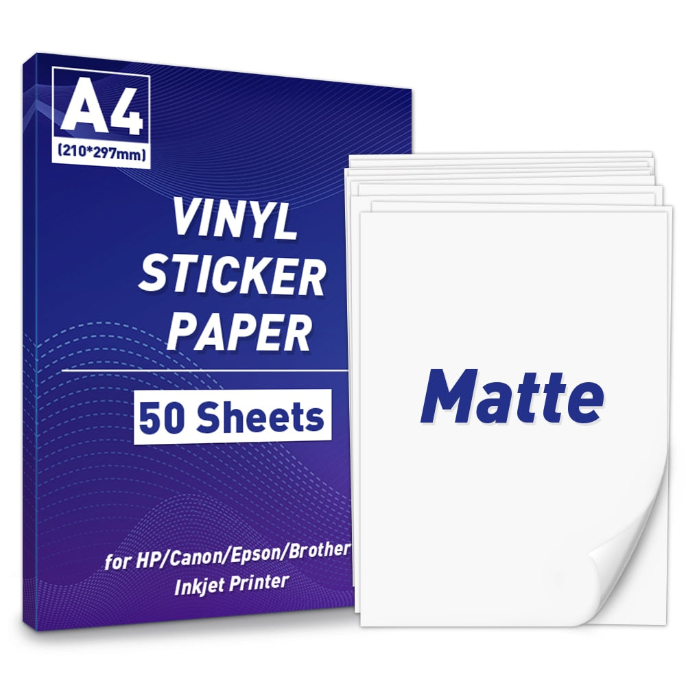 50 Sheets A4 Sticker Paper for Printer Inkjet/Laser Printer Vinyl Paper Sticker Self Adhesive Gift Stationery Label Stickers DIY