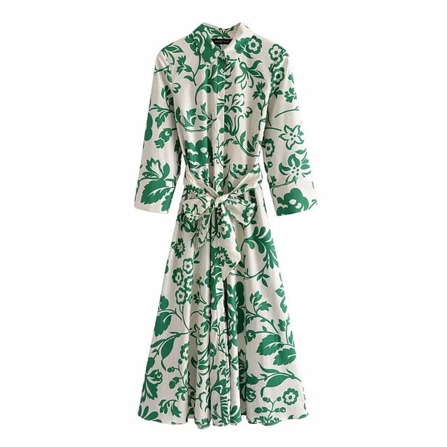 Za Green Long Dress Women Summer 2021 Fashion Print Shirt Dress Woman Belt Button Up Midi Dresses Vintage Casual Dresses