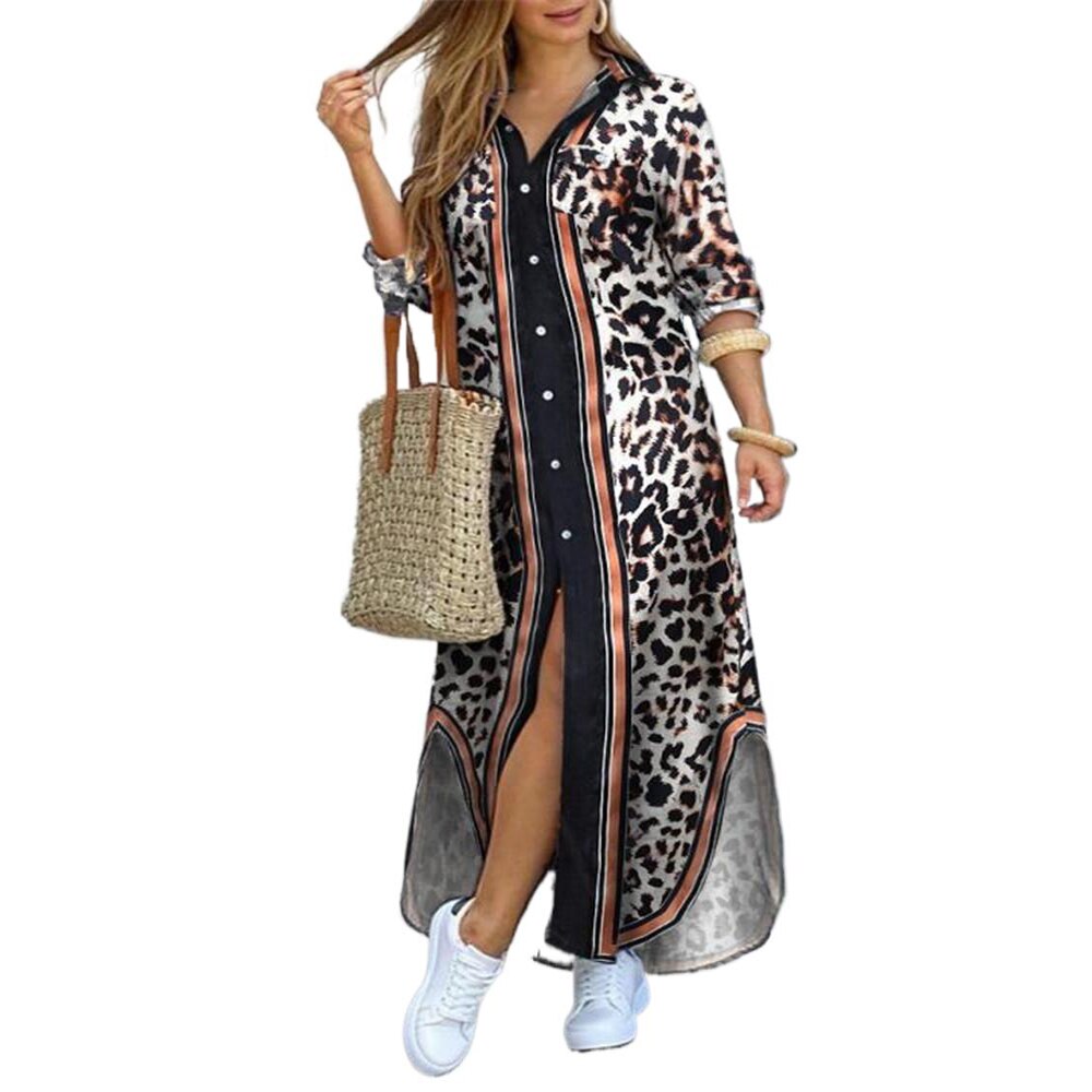 Fashion Camouflage Leopard Letters Floral Printed Dresses For Women 2023 Buttons Long Sleeve Loose Split Casual Solid Maxi Dress