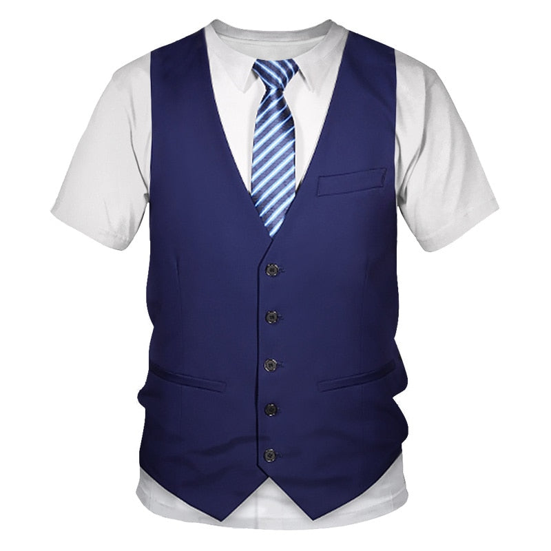 Funny Fake Suit 3D T shirt Tuxedo Bow Tie 3D Printed T shirts Men Summer Fashion Short Sleeve Streetwear Fake Suit Vest Tshirt