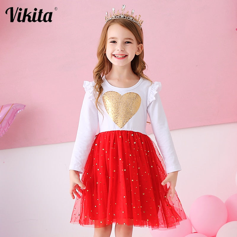 VIKITA Kids Princess Dress Children Heart Design Dress Toddlers Birthday Party Sequins Vestidos Girls Christmas New Year Clothes