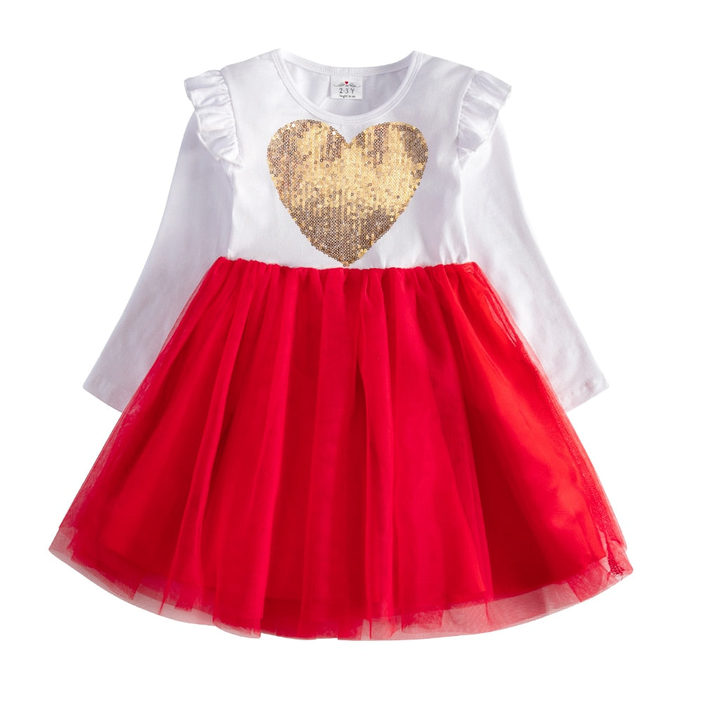 VIKITA Kids Princess Dress Children Heart Design Dress Toddlers Birthday Party Sequins Vestidos Girls Christmas New Year Clothes