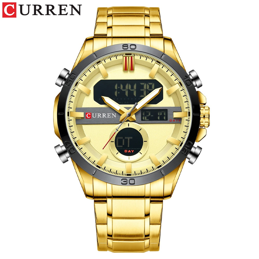CURREN Fashion Sport Gold Men's Digital Watches with Stainless Steel Chronograph Luminou Wristwatch LED Male Wrist Watch For Men