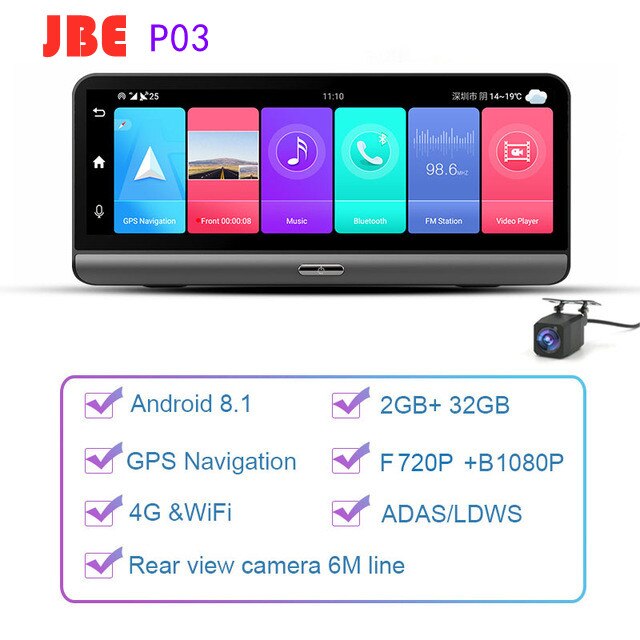 8 Inch  IPS Car DVR Camera GPS 4G Android 8.1 ADAS FHD 1080P Dash Cam Dual Lens Car Video Recorder Night Vision 24H Park