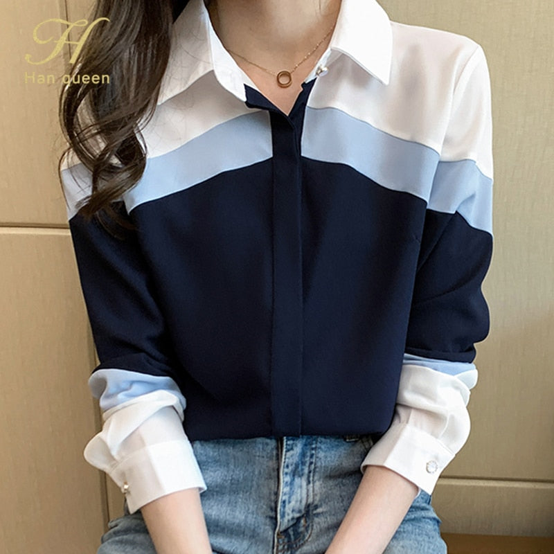 H Han Queen 2021 New Autumn Women Vintage Color Contrast Ladies Tops Chiffon Long Sleeve Casual Blouse Female Work Office Shirts