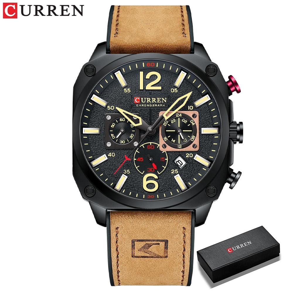 CURREN New 8398 Men's Watch Fashion Waterproof Male Multi-function Chronograph Clock Leather Six Needle Calendar Quartz Watches