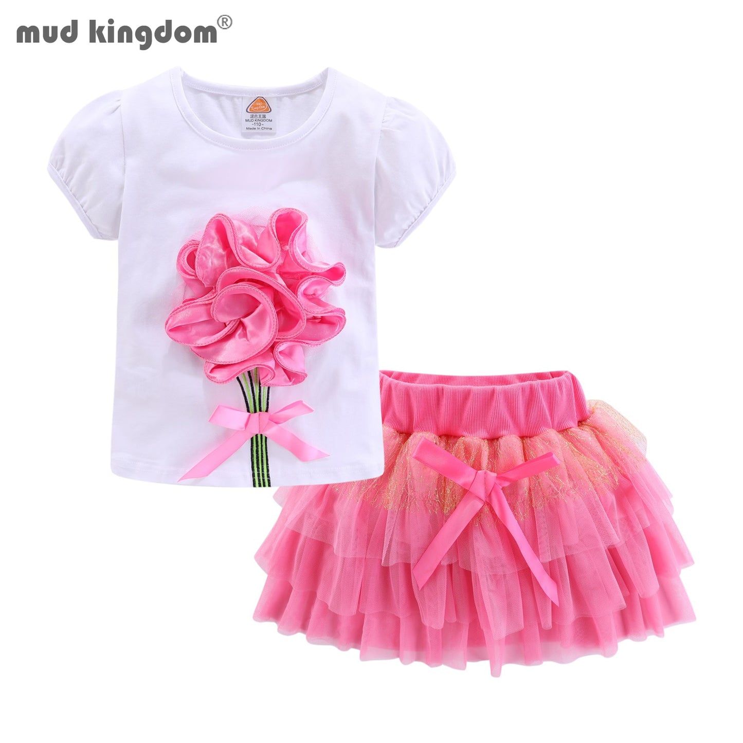 Mudkingdom Cute Girls Outfits Boutique 3D Flower Lace Bow Tulle Tutu Skirt Sets for Toddler Girl Clothes Suit Summer Costumes