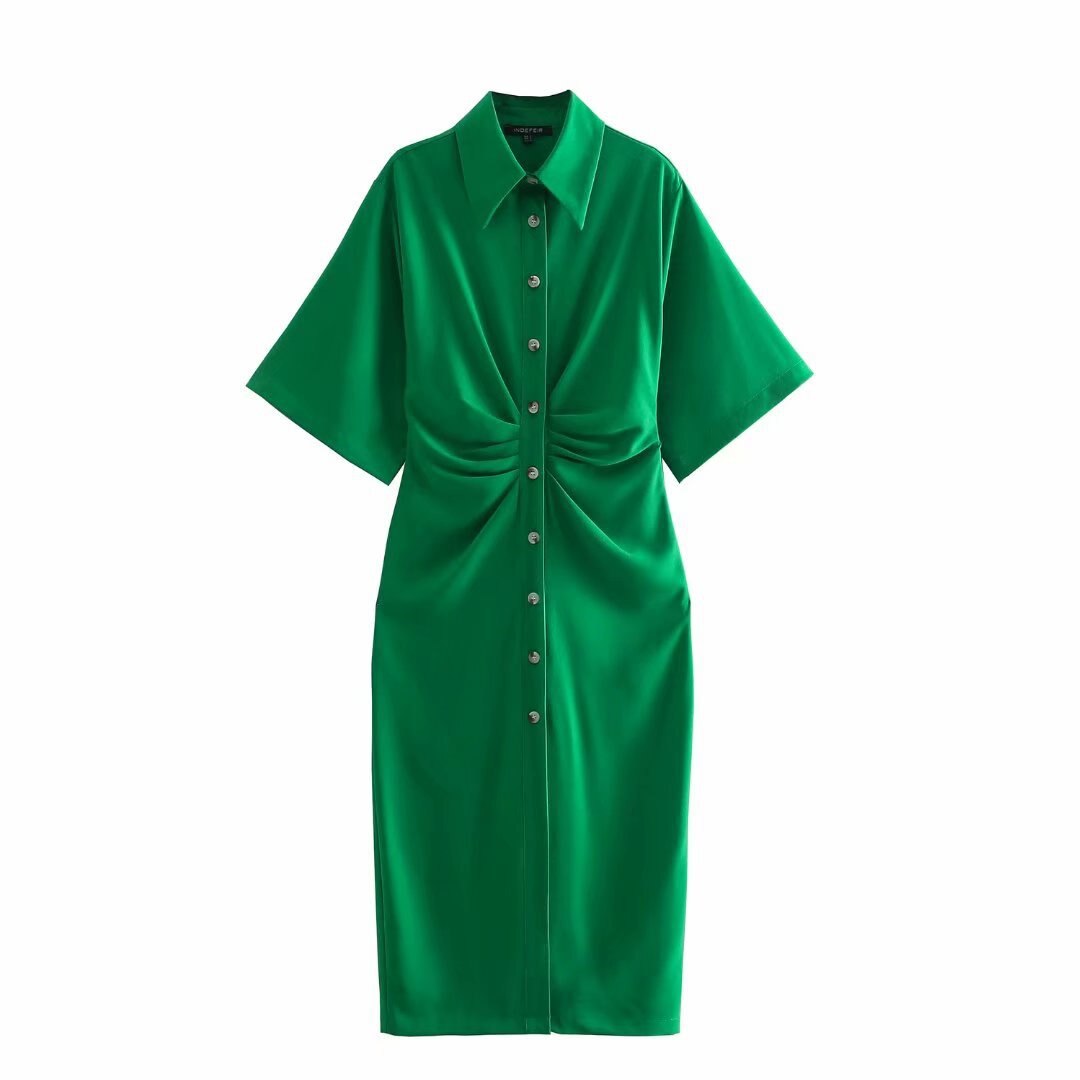 Fashion Dress Casual Summer Dress Green Women Dress Button Solid Short Sleeve Shirt Dresses Female Chic Side Zipper Robe Vestido