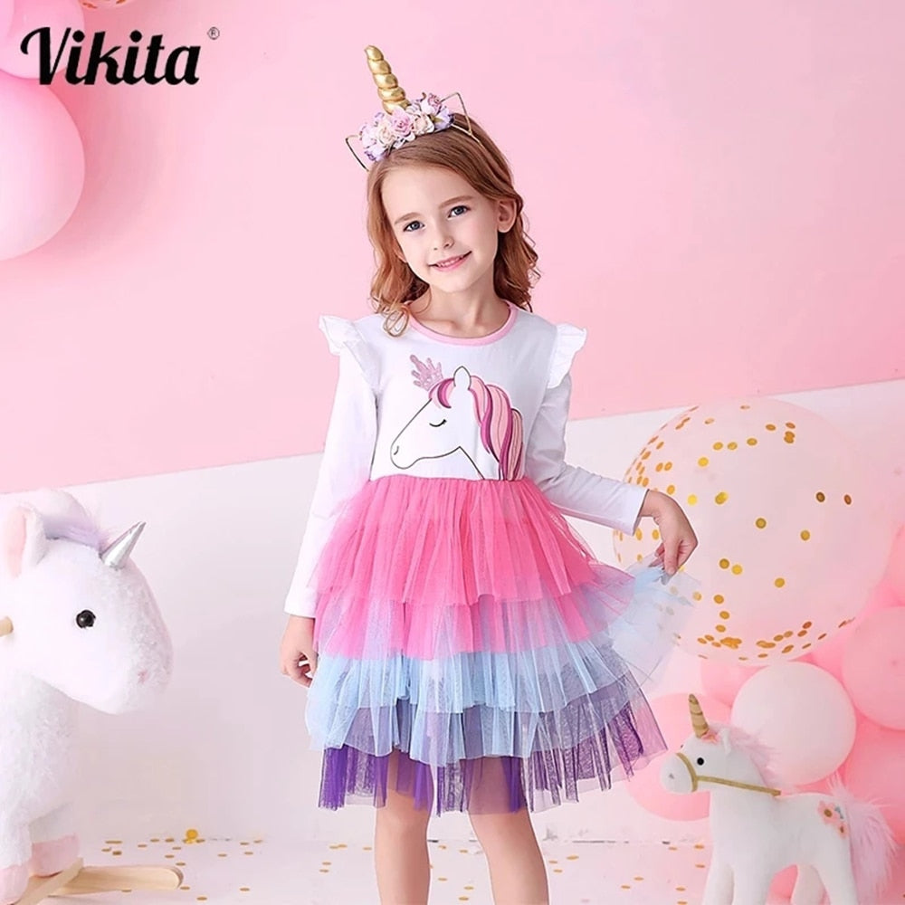 VIKITA Girls Princess Dresses Kids Cartoon Vestidos Children Autumn Dress Kids Dress for Girls Long Sleeve Unicorn Dresses