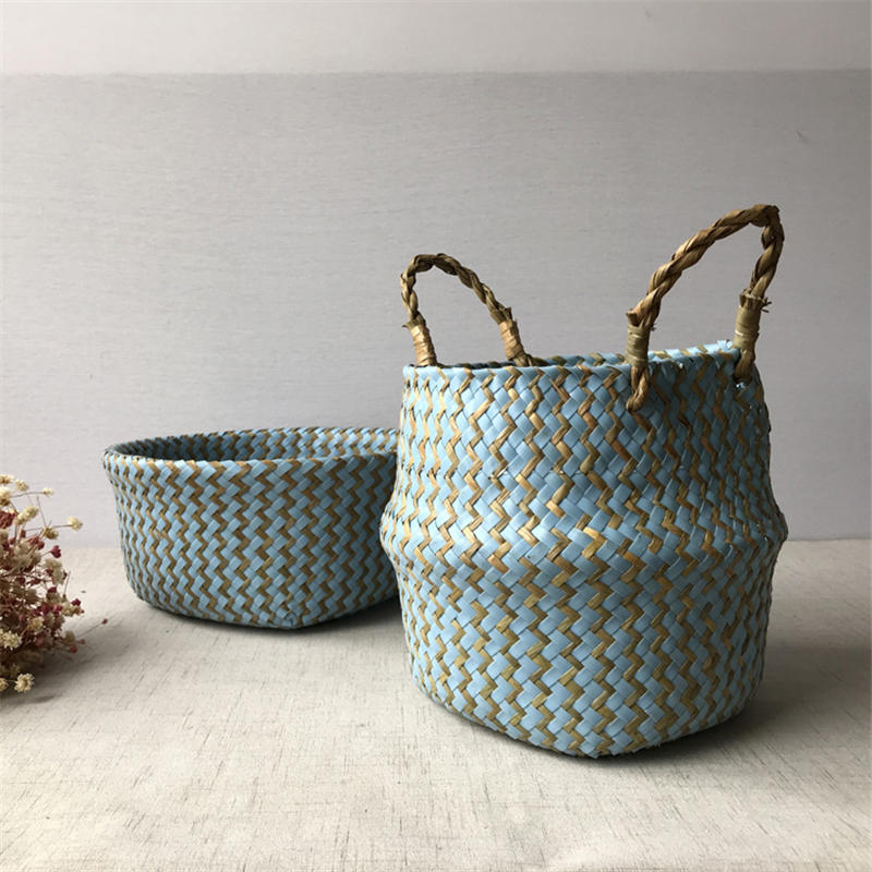 Foldable Handmade Seagrass Flower Pot Storage  Wicker Basket Rattan Straw Home Garden Wave Pattern Planter pots Laundry Basket