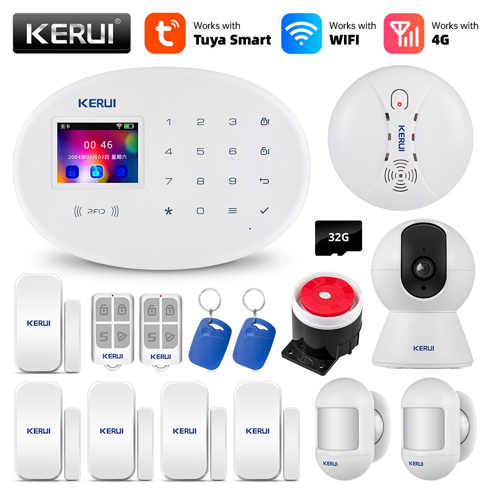 KERUI Tuya WIFI GSM 4G Smart Home Security Alarm System RFID APP Wireless Siren Sensor Detector IP Camera Sistema de alarmas