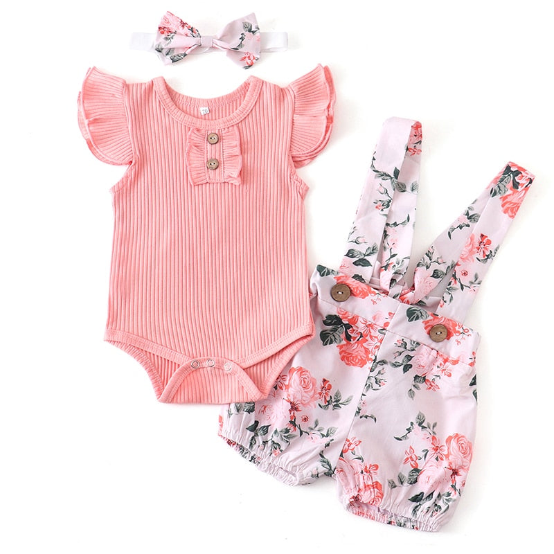 Newborn Baby Girl Clothes Summer 3Pcs Outfit Set Fashion Sleeveless Solid Color Rompers Casual Overalls Headband Infant Clothing